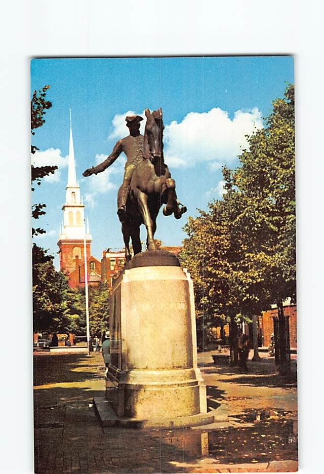 Postcard Old North Church Paul Revere Statue Salem Street Boston Massachusetts