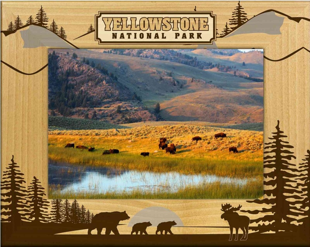 Yellowstone Bear and Moose Silhouettes Laser Engraved Wood Picture Frame (4x6)