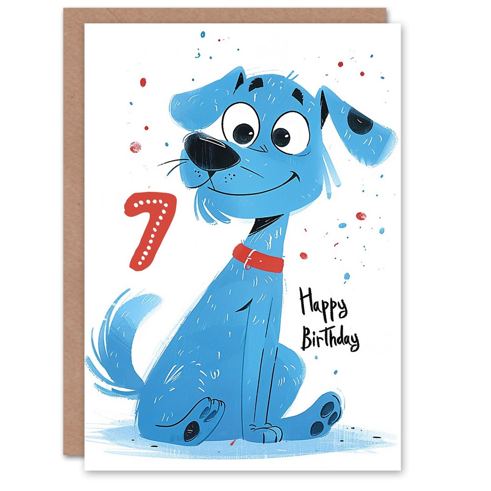 Birthday Card Blue Dog Lover Puppy Cartoon Cute 7th 7 Year Old For Child Kids