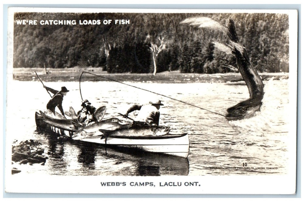 Laclu Ontario Canada RPPC Photo Postcard Webb's Camps Cathing Big Fishes 1949