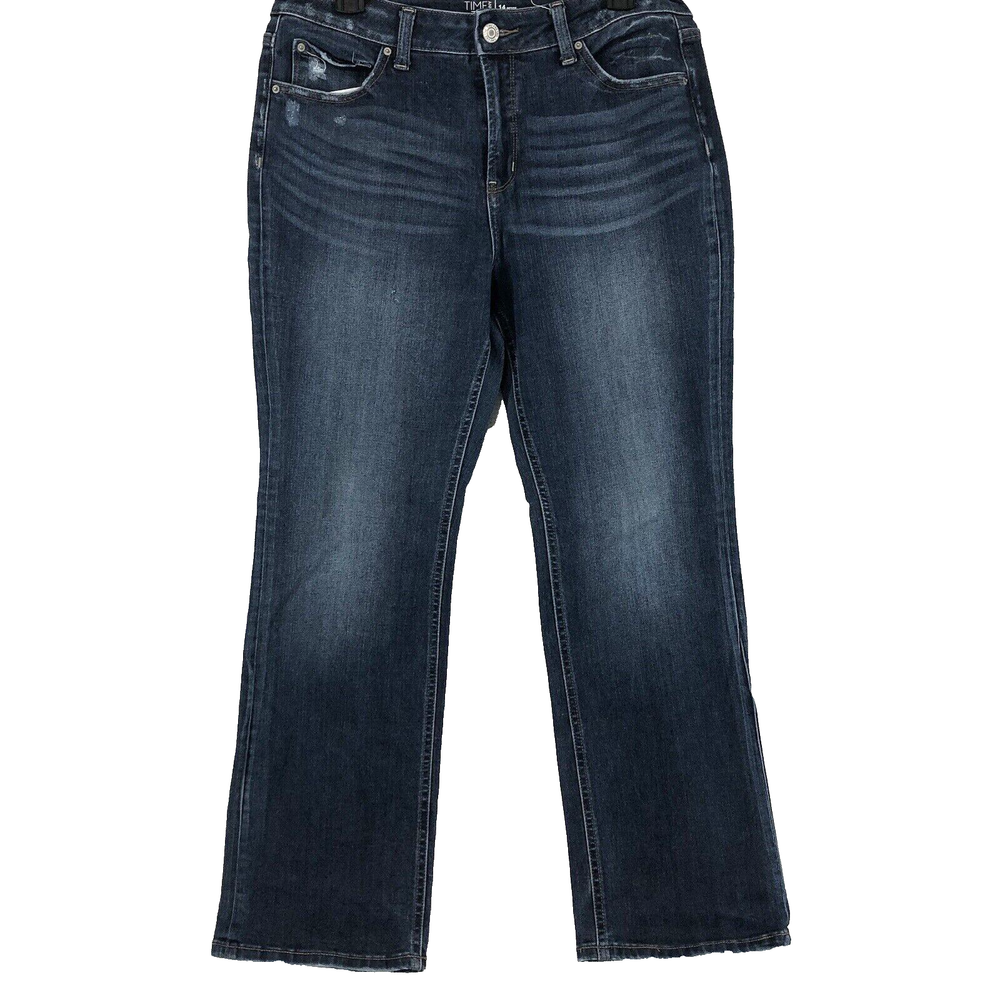 Time True Women's Size 14 High Rise Bootcut Jeans Blue Stretch Denim with Whiskering