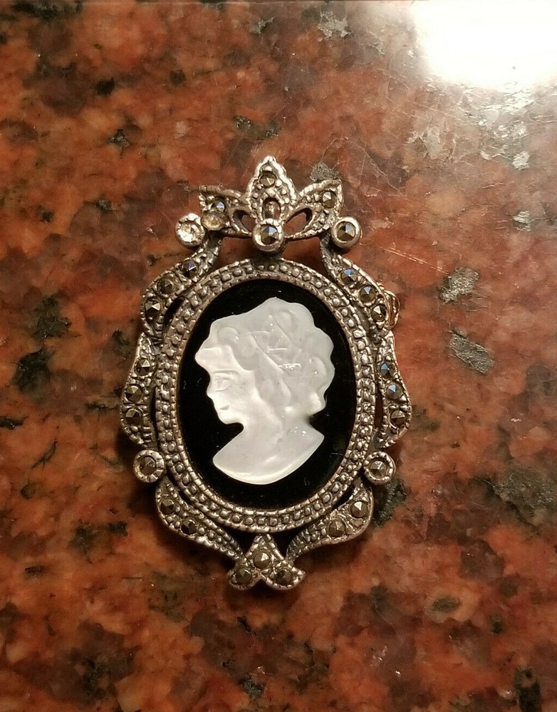 Elegant Marcasite and Black Onyx Cameo Brooch in Sterling Silver – #T46