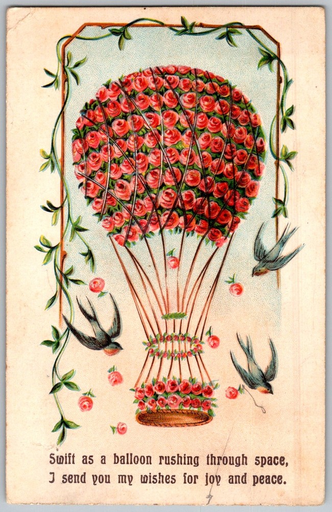 Antique Postcard Roses Hot Air Balloon 1910s