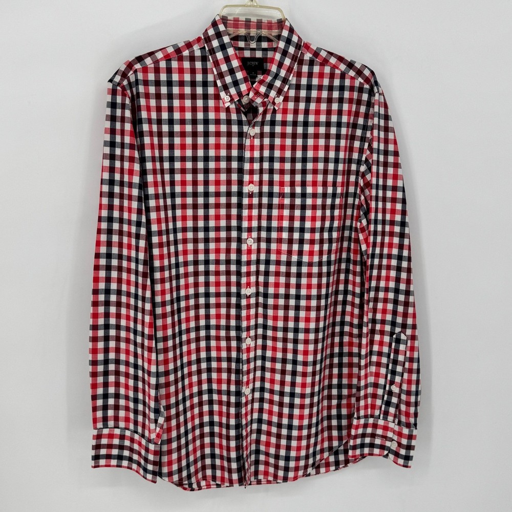 J.Crew Mens Gingham Check Button Down Shirt Red Navy Blue Size Medium Flaw