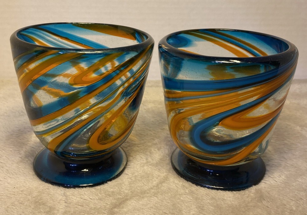 Bejines Studio Hand Blown Orange Cobalt Blue Swirl Art Glass Goblets 4 Inch