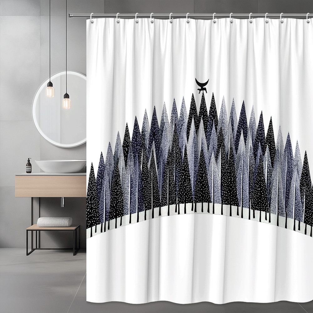 Forest Trees Print Shower Curtain Black Gray Blue Graphic