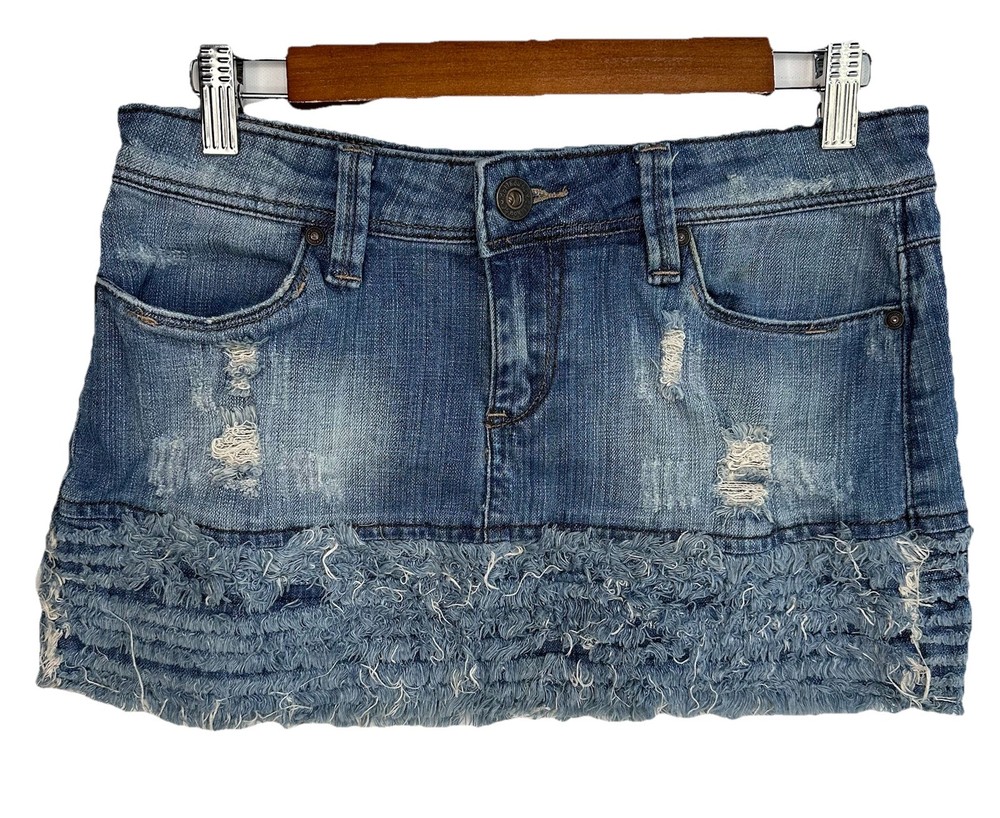Vintage Y2K Dollhouse Micro Mini Fringe Denim Skirt Size 7