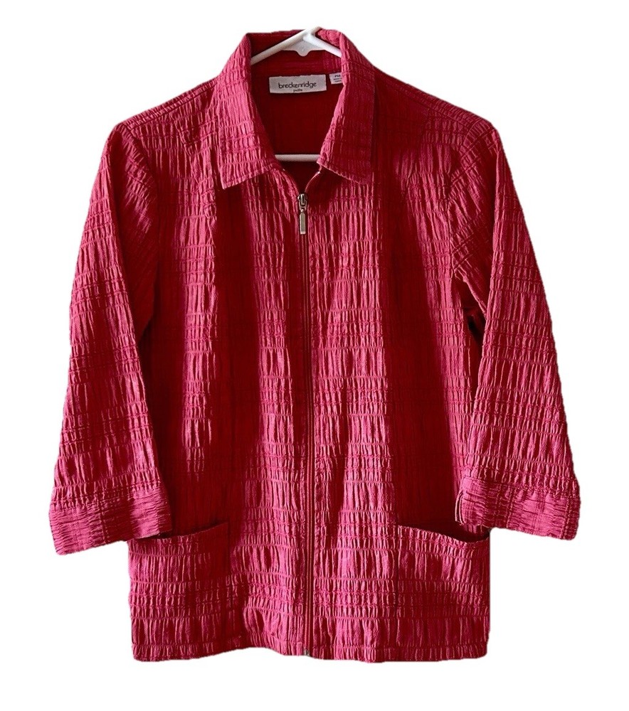 Breckenridge Women's Petites PM Pink Zip Collared 3/4 Sleeve Solid Blouse