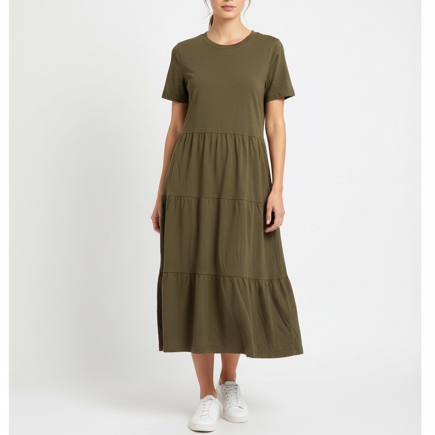 American Giant Green Tiered Midi T Shirt Dress Size Large Made in USA Pockets