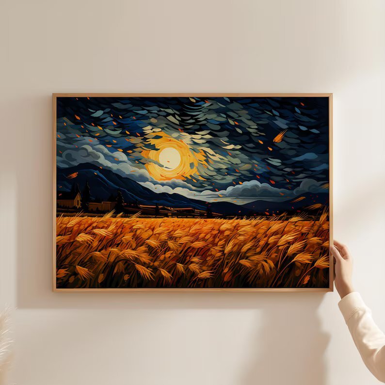 Wheat Field In Dark Sky and Sun Painting Poster Premium Quality Choose your Size