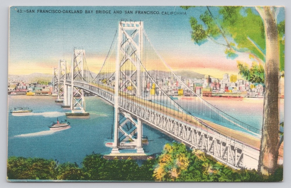 San Francisco-Oakland Bay Bridge Vintage Linen Postcard California Metrokraft