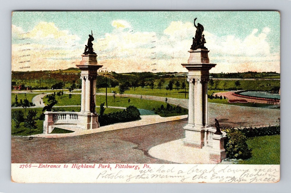 Pittsburg PA-Pennsylvania, Entrance To Highland, Antique Vintage c1907 Postcard