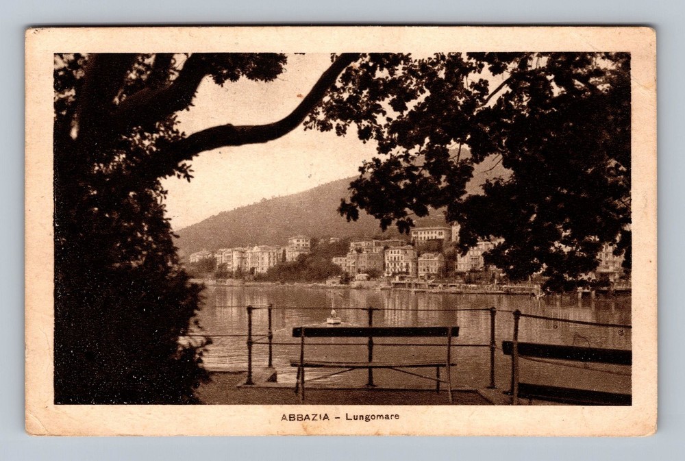 Croatia- Abbazia Kvarner Bay Lungomare Promenade Bench Old PC Vintage Postcard