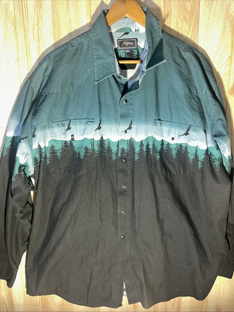 Vintage Roper Men’s 2XL Eagle Forest Tree Print Western Pearl Snap Long Sleeve