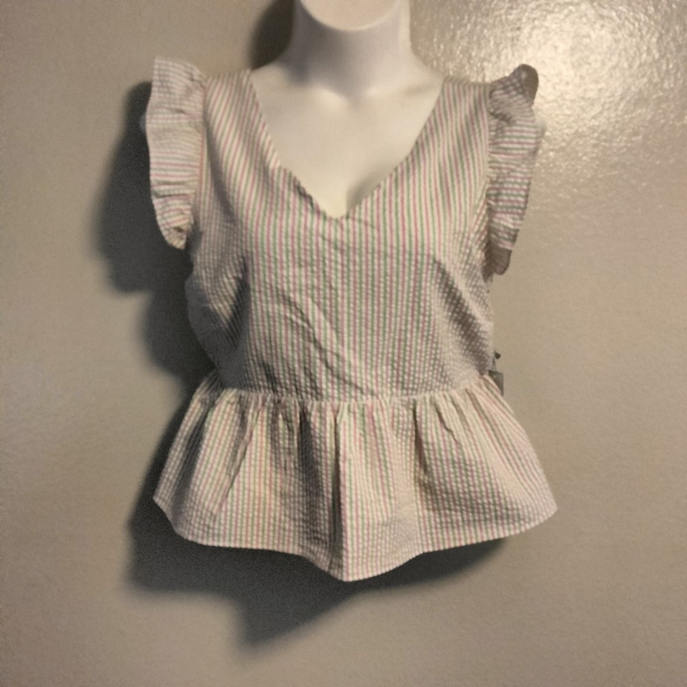 Ruffled V-Neck Striped Peplum Top in XL - Flattering Fit
