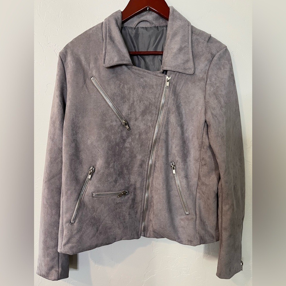 Women's Stylish Gray Faux Leather Jacket Large