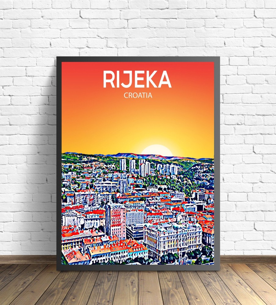 Sunset Night Art Print of Rijeka Croatia Cityscape for Modern Walls