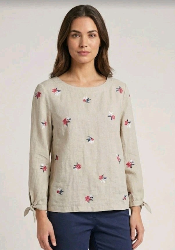 Linen Charter Club Luxury Blouse Size M Beige Embroidered Floral 100% Linen