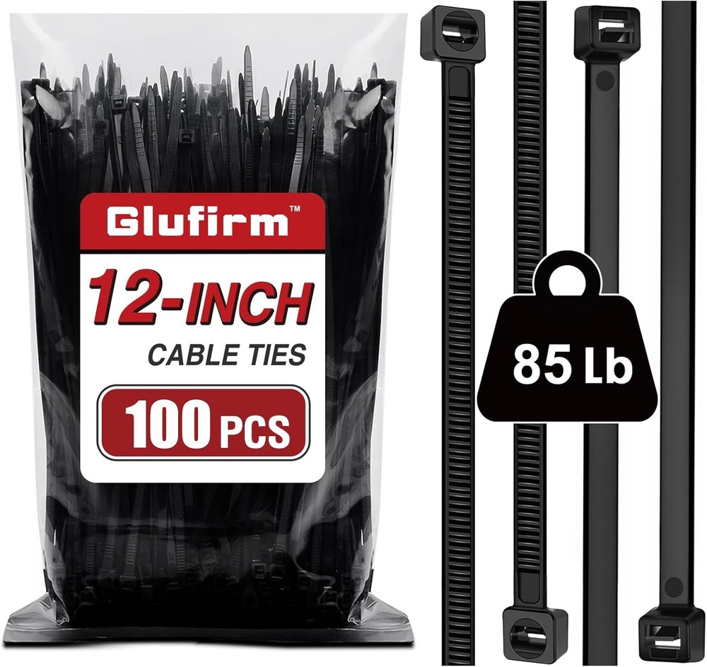 12-Inch Black Cable Ties 100-Pack Heavy Duty 85 lb Strength