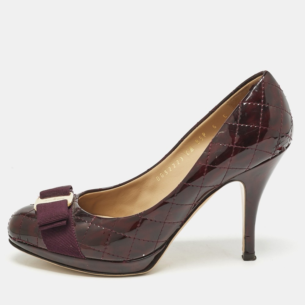Salvatore Ferragamo Burgundy Quilted Patent Leather Vara Bow Pumps Size 36.5 EU