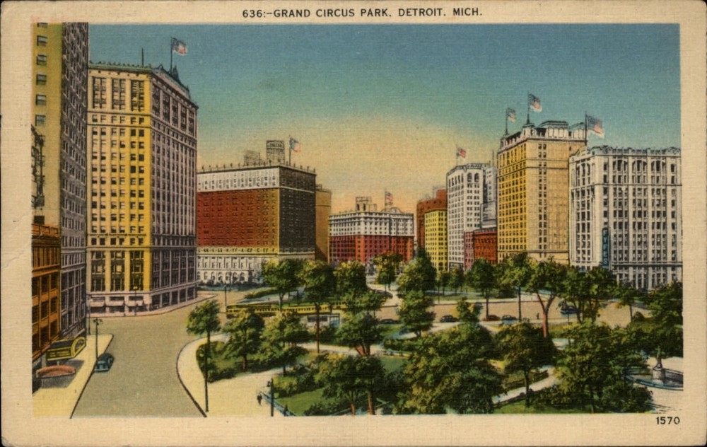 Michigan Detroit Grand Circus Park aerial view ~ 1943 linen postcard  ~ s9717