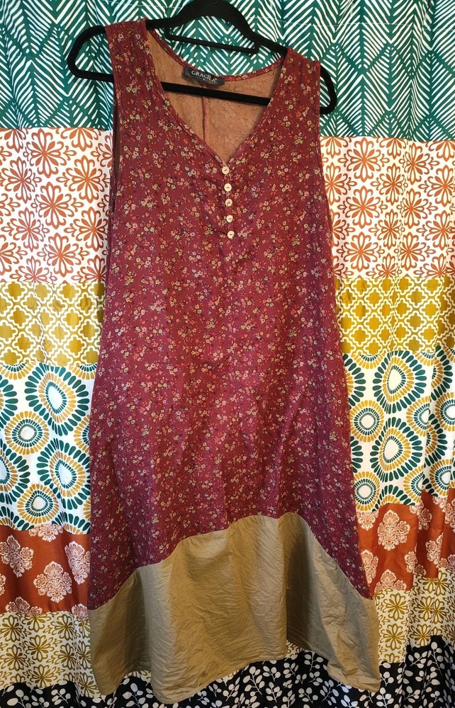 Gracila Cotton Rayon Floral Sleeveless Boho Maxi Dress Sz XL Pockets Flare