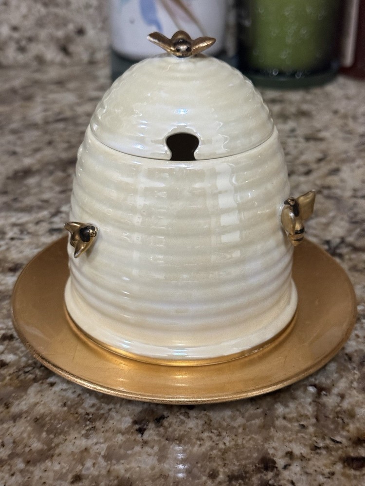 Vintage Noritake Honey Jar Pot w Lid Vintage Beehive Bumblebees Bee Box Gold