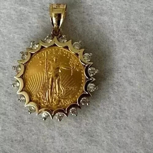 Lady Liberty 5 Dollar Coin 1 Ct Round Moissanite Pendant 14K Yellow Gold Plated