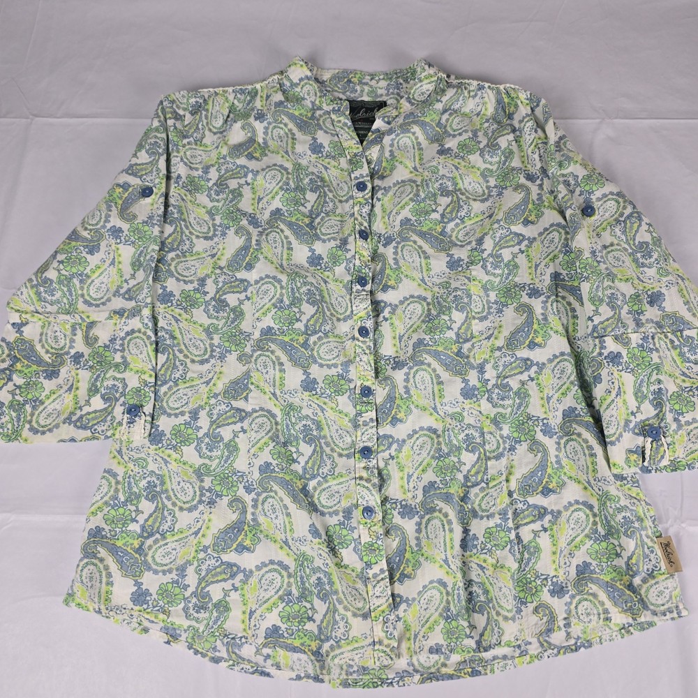 Woolrich Button Up Shirt Womens Size L Blue Green Floral Paisley ¾ Sleeve Cotton