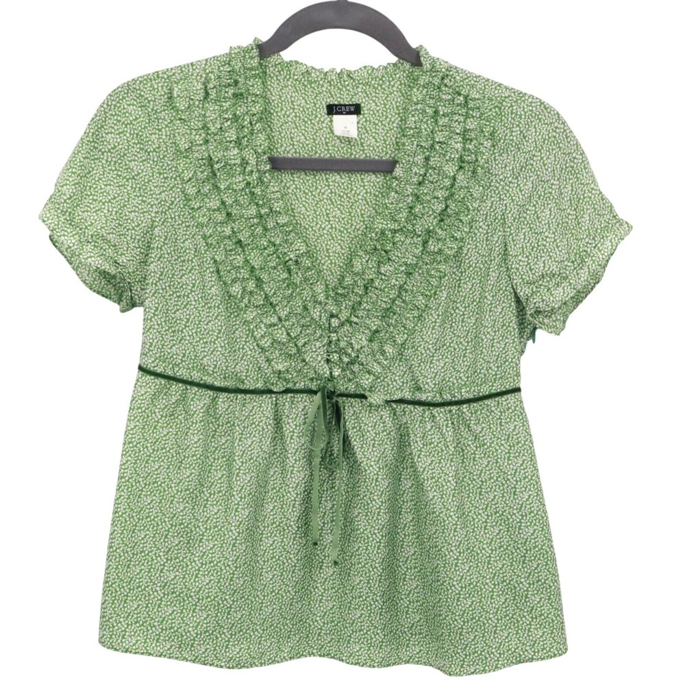 J Crew Womens Green Silk Boho Peasant Top Size 12 Cottagecore Preppy Style