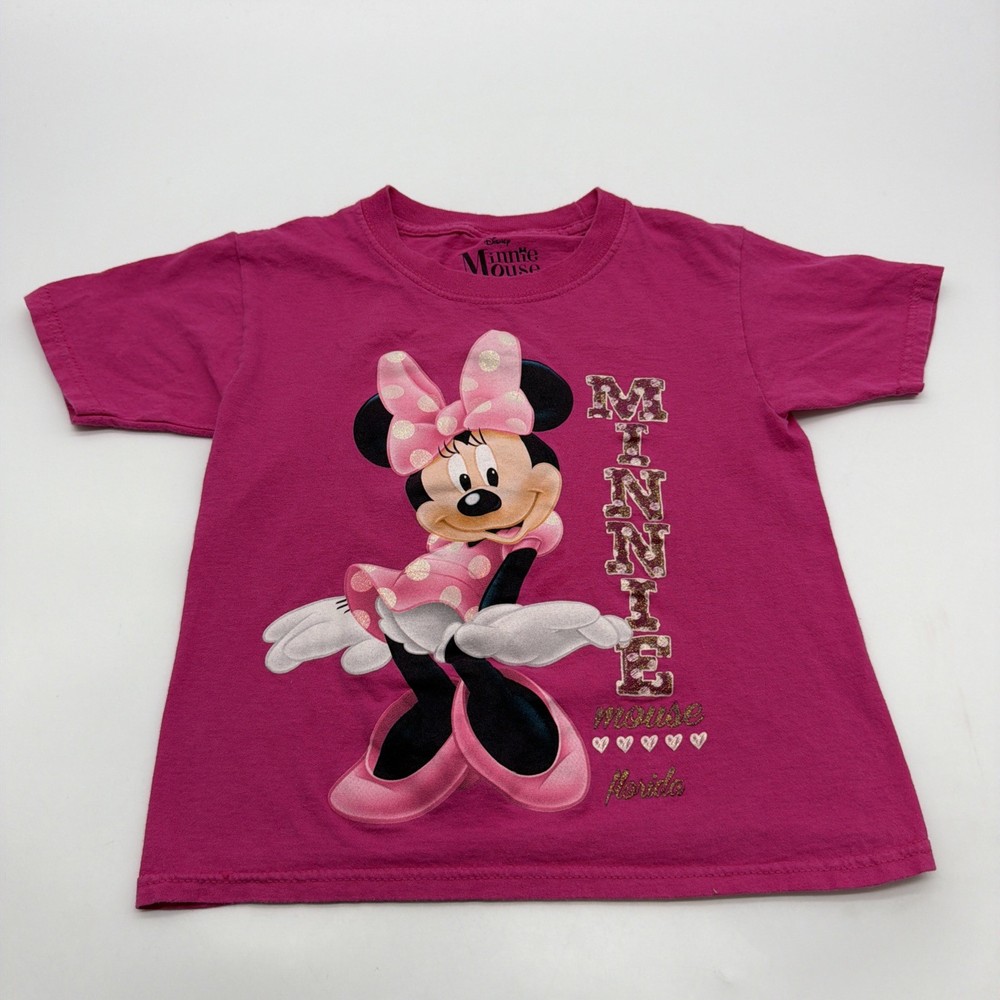 Disney Minnie Mouse Kids Girls XS Pink Graphic Print Glitter 100% Cotton.#46127