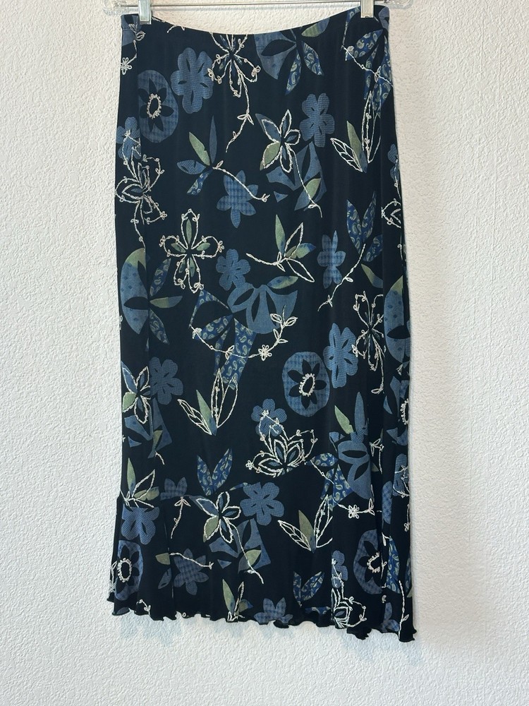 Mirasol Y2k Black Floral Print Slinky Knit Maxi Skirt XL Fairy Whimsigoth