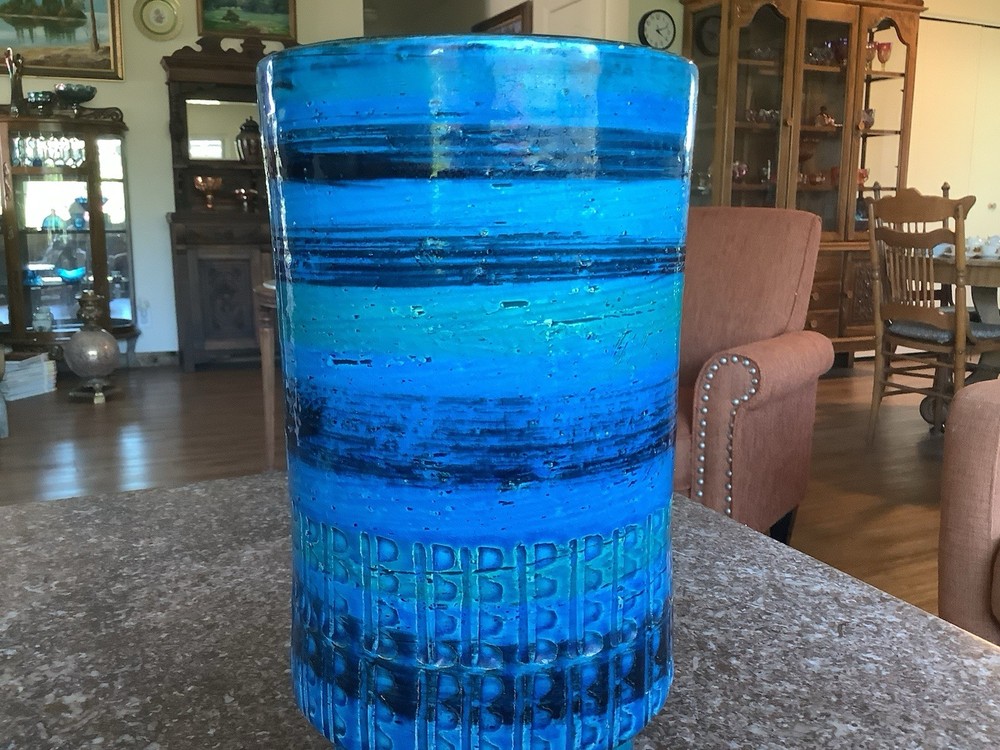 Vintage Blue Ceramic Bitossi Vase 9 1/2” Aldo Londi Italy Aqua Marine MCM