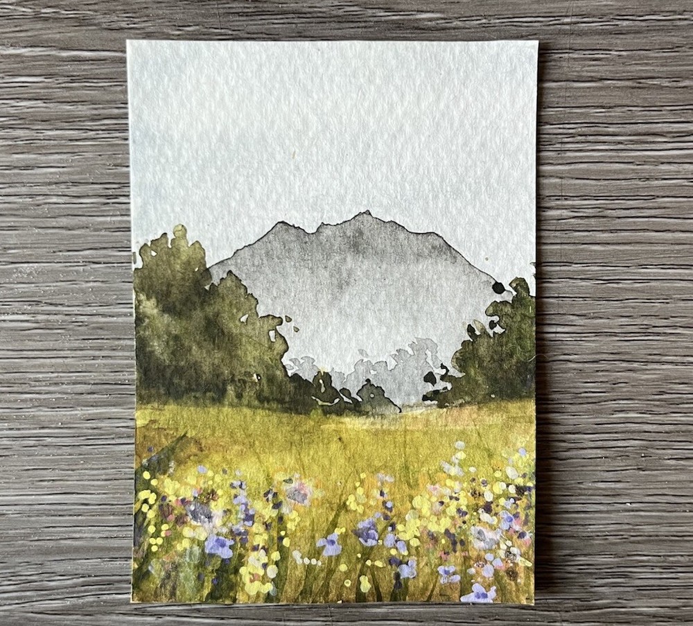 ACEO PRINT Wildflower Meadow Field Mountains Watercolor Painting  3.5x2.5