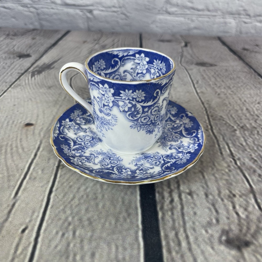 Royal Tuscan England Fine Bone China Teacup Saucer Blue White Floral Gold