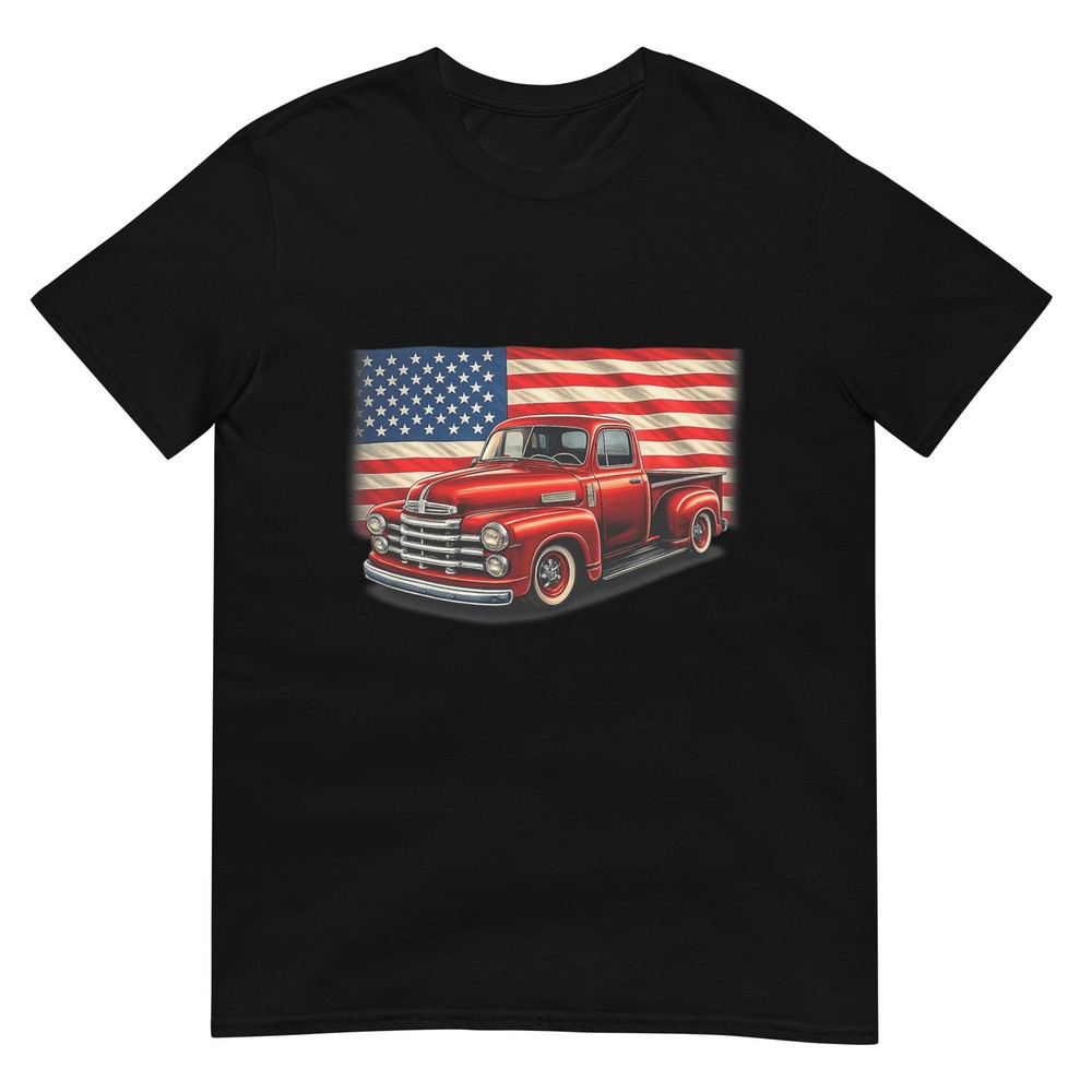 Classic Old Pickup Truck 4th of July Patriotic American Flag T-Shirt