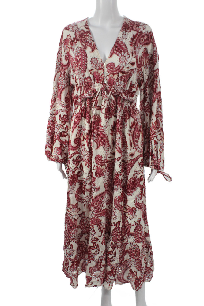 Zara Women Kaftan Maxi Dress Red V Neck Long Sleeve Paisley Size MFree Shipping in US $100+ Orders | $6.95 Orders Below