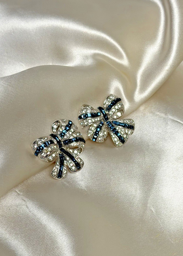 Vintage Thailand Blue Rhinestone Bow Clip-On Earrings – Silver Tone – 1”