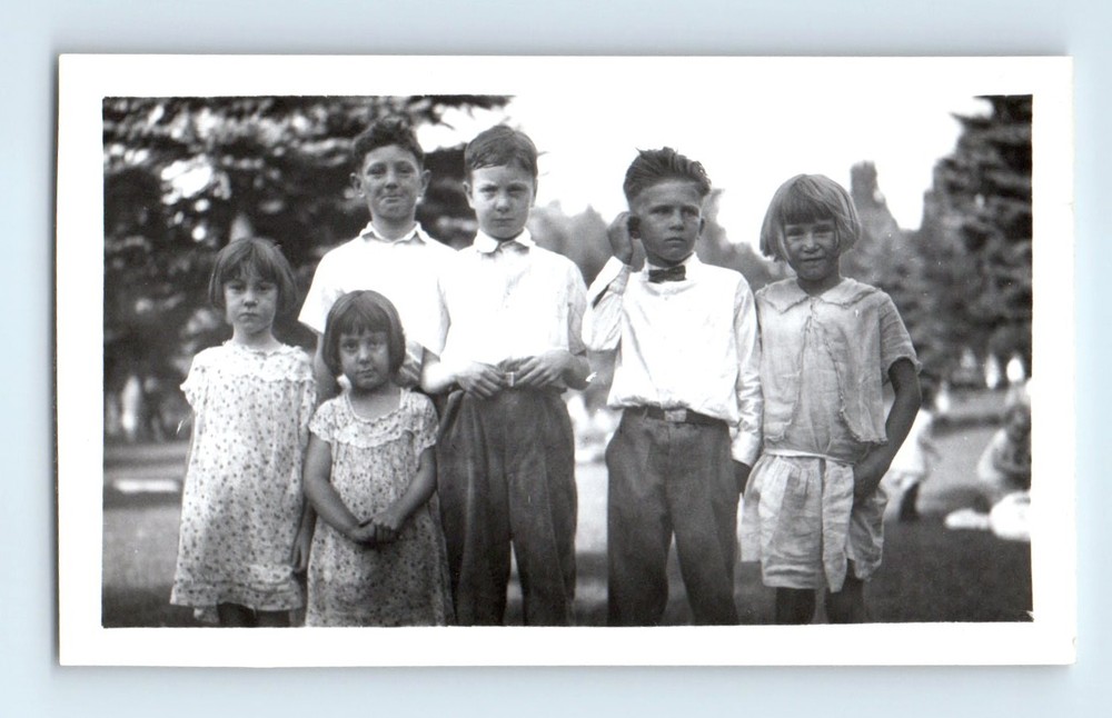 Old Vintage Photo BOYS BOWTIE GIRLS CHILDREN STANDING OUTSIDE GROUP SNAPSHOT