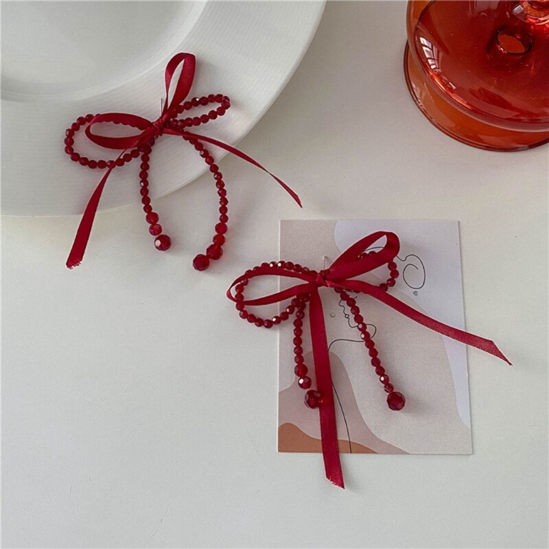 Statement Red Earrings Exaggerate Big Ribbon Crystal Bowknot Tassel Earing