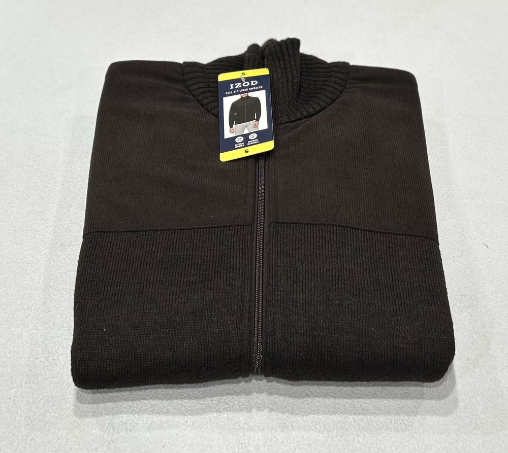 IZOD Men's Full Zip Lined Sweater, Brown, Size S
