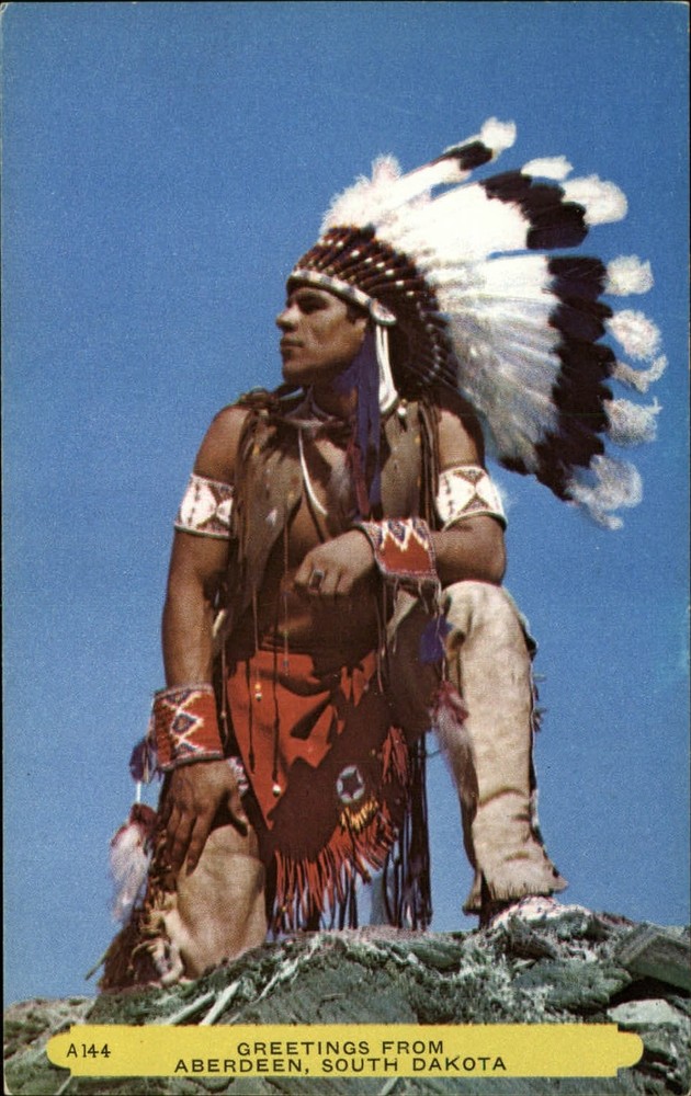 Aberdeen South Dakota Indian Chief regalia headdress unused vintage postcard