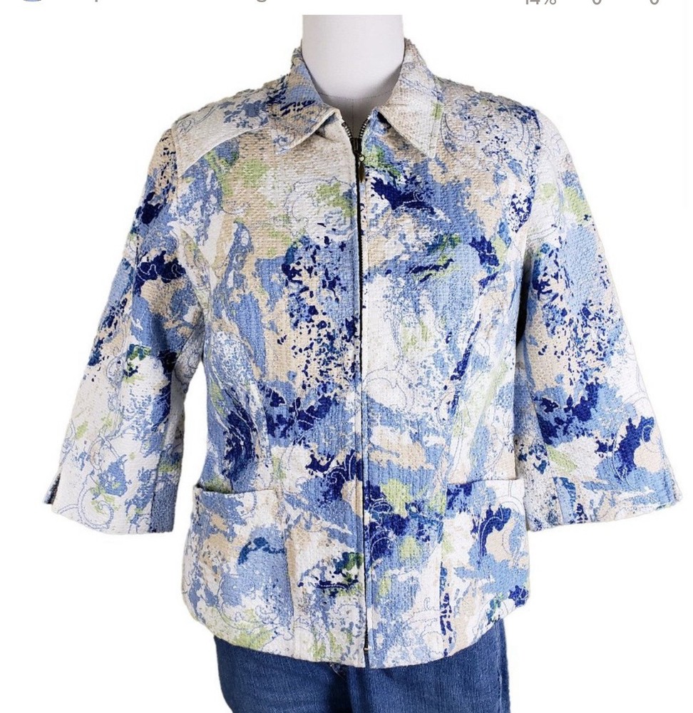 Coldwater Creek Painterly Floral Lined Jacket 3/4 Sleeve Zip Front Size 12
