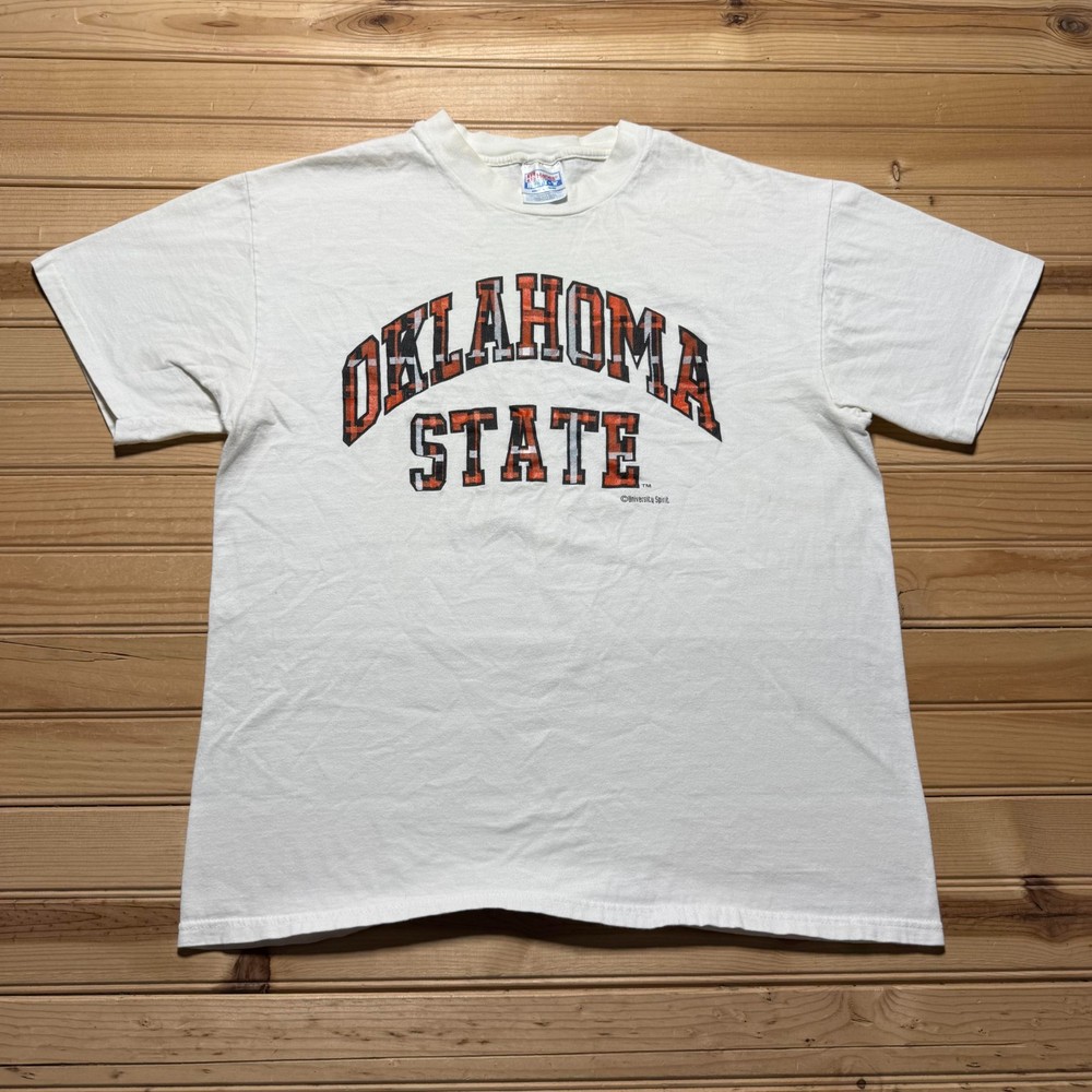 Vintage 90s Oklahoma State University Plaid Logo Single Stitch T-Shirt USA Large