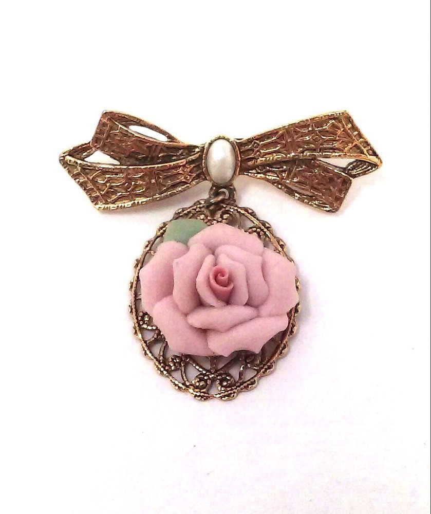 Vtg 1928 Gold Tone Bow Brooch Pin with Dangle 3D Pink Bisque Porcelain Flower