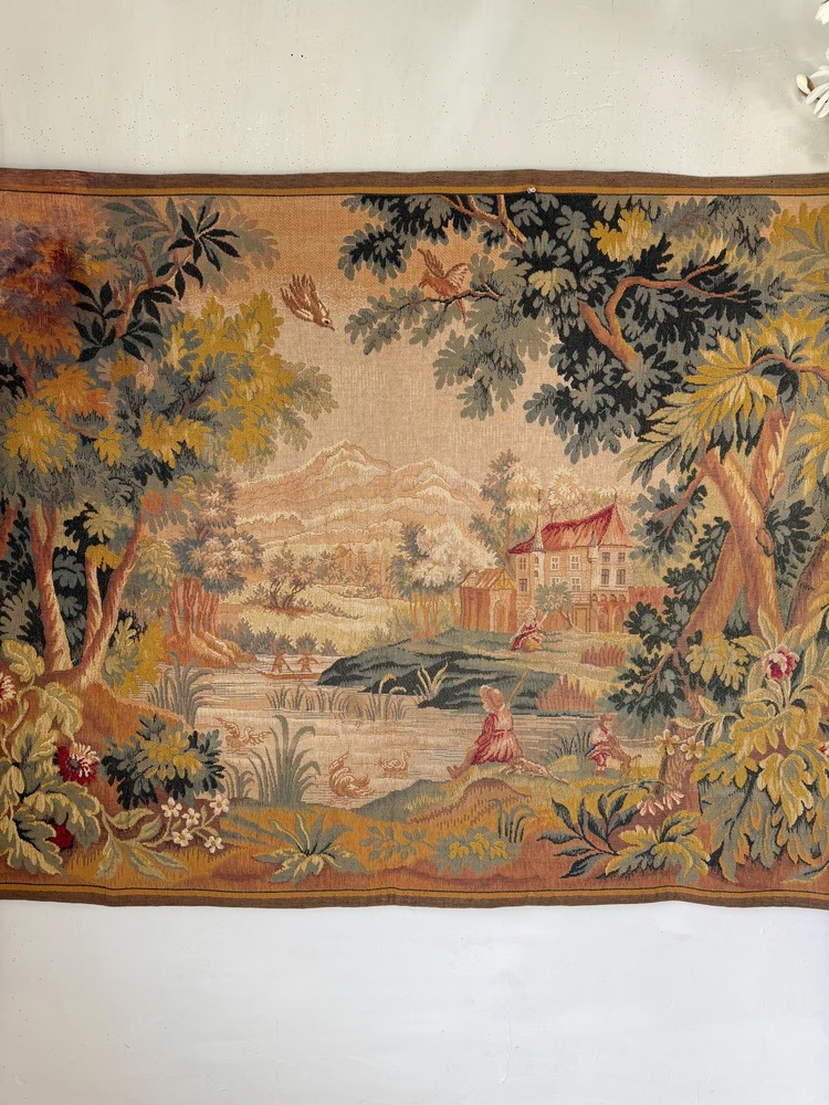 73x49 vintage French tapestry L'Halluin Point de Halluin verdure riverside land