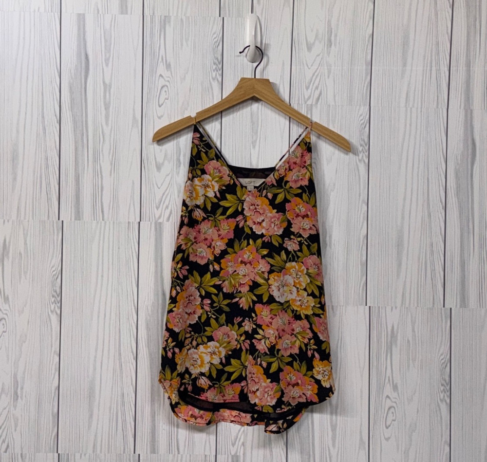 LOFT sleeveless top womens size extra small black floral patterned blouse