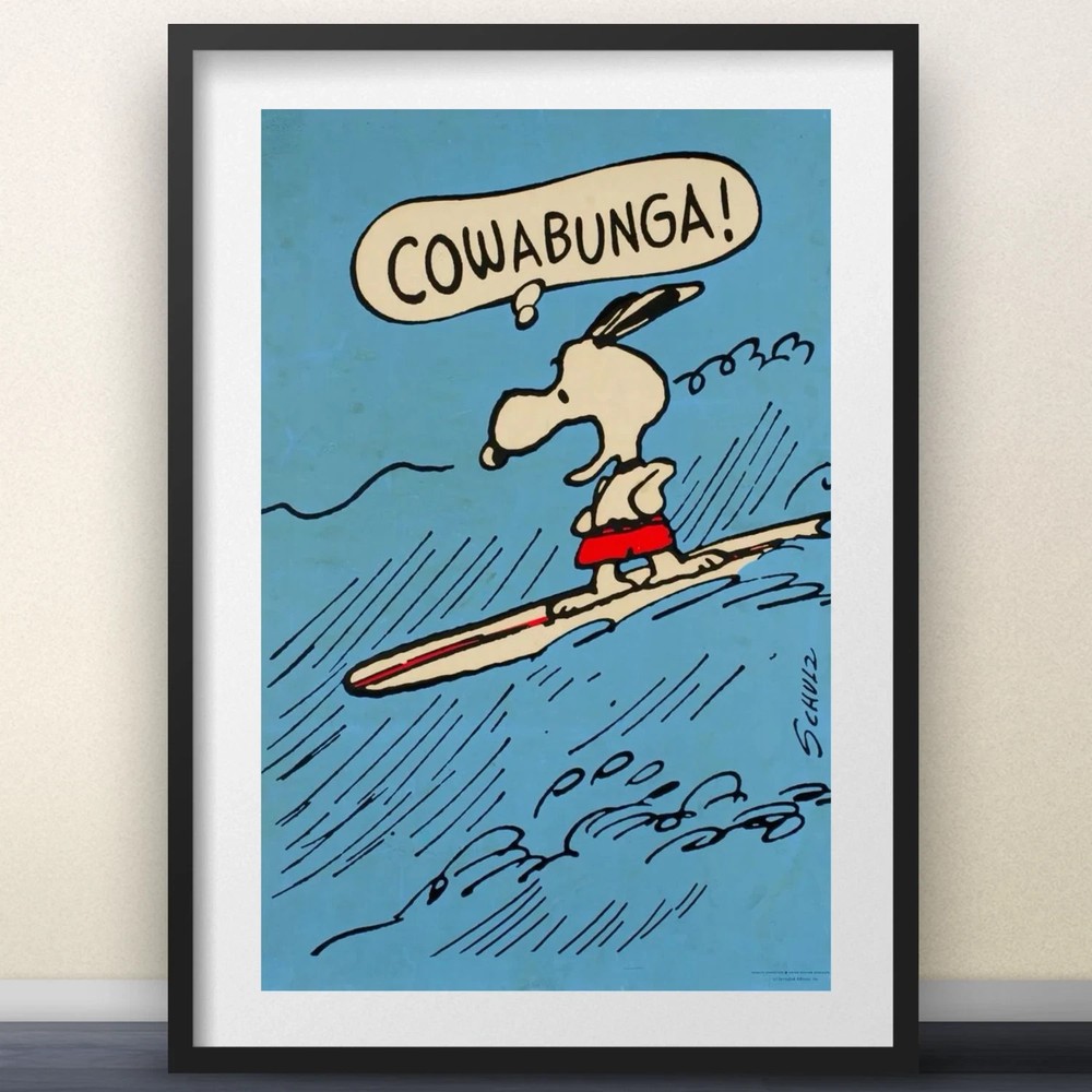 Snoopy Cowabunga Surfing Poster PEANUTS Comic Art Vintage Beach Cartoon