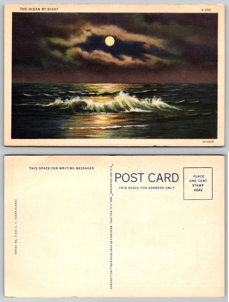 Vintage Linen Postcard The Ocean by Night Moonlit Waves Seascape 1930s