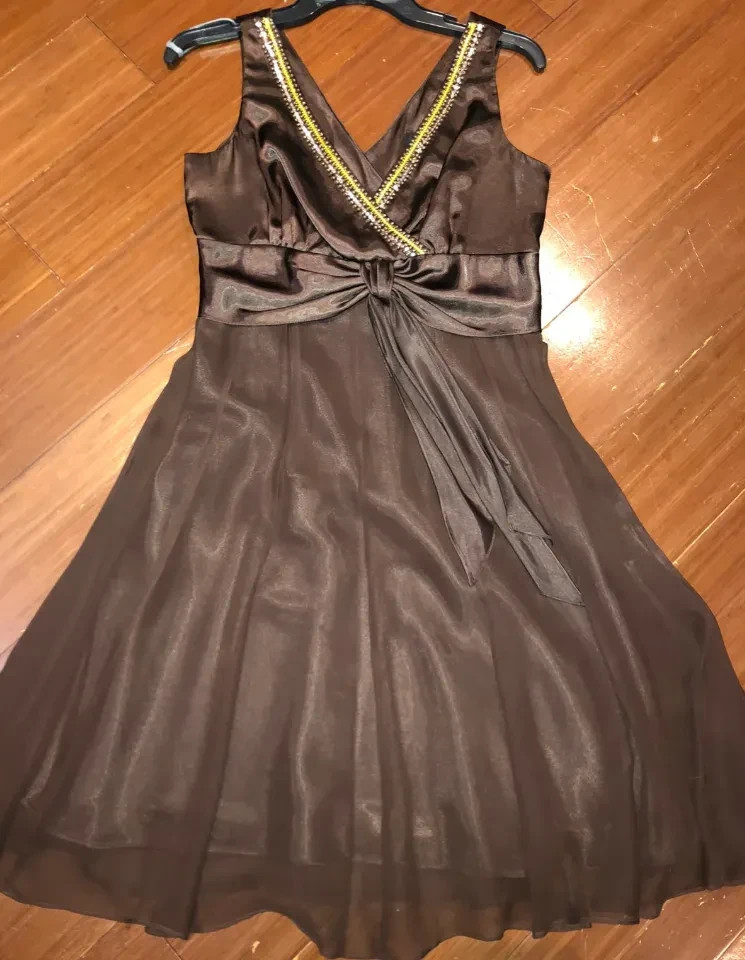 READ! Vintage Pure Silk Chocolate Brown Beaded Empire Waist Fit & Flare Dress